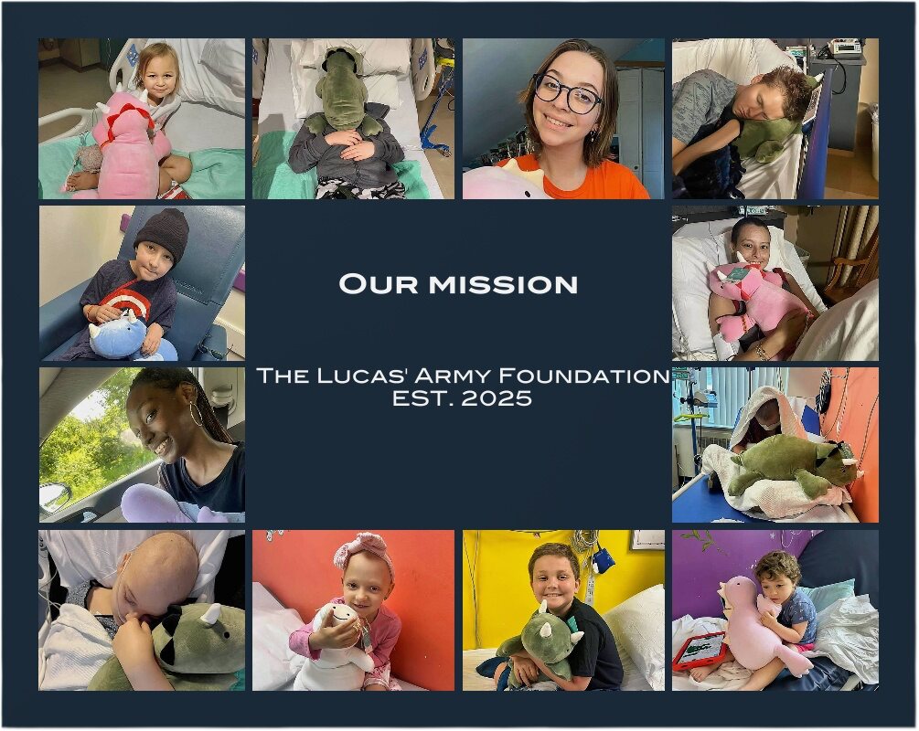 A collage of children in treatment holding the weighted dinosaurs and plush animals delivered by Lucas' Army Foundation