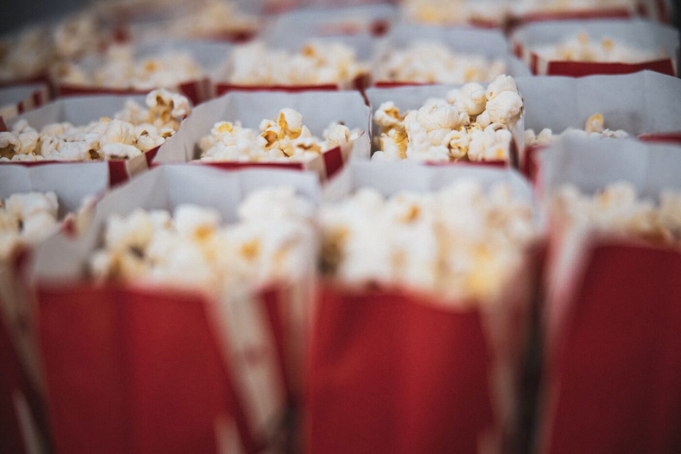Rows of fresh popcorn in red and white boxes